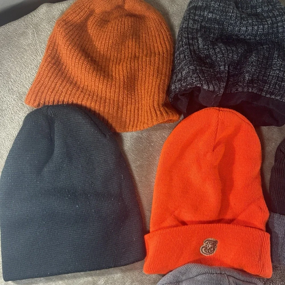 Kids Youth Beanie Hat Lot of 7 Solid Striped Cuffed Fleece Lined Mixed